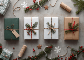 Vier weihnachtliche Pakete auf grauem Hintergrund und umgeben von Tannenzweigen und Weihnachtsschmuck