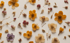 Viele einzelne Blüten und Blümchen auf beigem Hintergrund