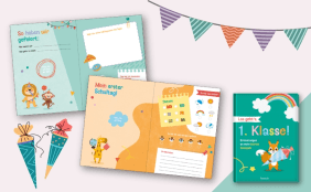 Das Bild zeigt 2 Innenseiten und das Cover rechts unten vom Eintragbuch "Los geht's! 1. Klasse" vom Pattloch Verlag. Dekorative Elemente wie Schultüten und eine Wimpelkette unterstützen den Schulstart-Charakter.