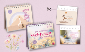 Coverabbildungen und Innenseiten der Postkartenkalender "Aktiviere deine innere Stärke 2026" und "Die schönsten Weisheiten für jeden Tag 2026"