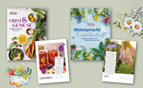 Abbildungen von Covern und Innenseiten zu den Wandkalendern "Obst & Gemüse haben immer Saison" und "Blütenpracht & Kräuterduft" für das Jahr 2026