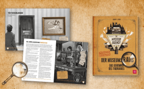 Cover und Innenseiten von "Der Museumsraub" auf antikem Hintergrund und Lupen-Illustration