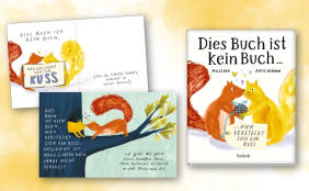 Cover und Innenseiten von "Dies ist kein Buch, hier versteckt sich ein Kuss" auf gelbem Aquarellhintergrund