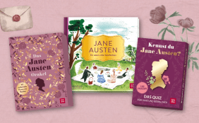 Cover von "Das Jane Austen Orakel", "Jane Austen - Ein Leben voller Geschichten" sowie "Kennst du Jane Austen?" auf einem altrosa Hintergrund mit passenden Illustrationen