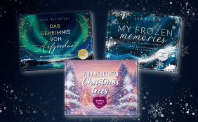 Cover unserer Romance-Adventskalender auf dunkelblauen Hintergrund mit Schneeflocken