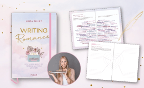 Cover & Innenseiten von "Writing Romance" und Bild der Autorin Linda Schipp