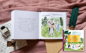 Aufgeschlagenes Buch mit Text und einer Wasserfarben-Illustration zu Jane Austens Werk "Verstand und Gefühl", daneben das Buchcover der Biografie.