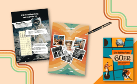 Retro-Rätselblock "Die lebhaften 60er" und Abbildungen zweier Innenseiten. Passende Illustrationen im Stil der 60er