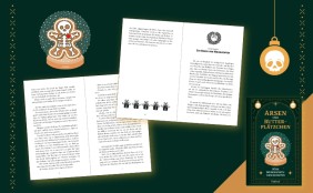 Leseprobe aus dem Buch "Arsen und Butterplätzchen" (Böse Weihnachts-Geschichten) mit Textausschnitten aus den Kurzgeschichten und dem Buchcover in der unteren rechten Ecke. Das Bild ist festlich-dunkelgrün dekoriert.