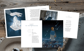 Holz und Tischläufer im Hintergrund, drumherum Räucherwerk und im Vordergrund Innenseiten vom Buch