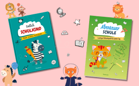 rosa Hintergrund und neben vielen kleinen Schul-Elementen das Eintragbuch Schulkind und ein Rätselblock.