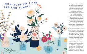 Illustration von einem Tisch mit verschiedenen Blumentöpfen, Vasen und Arrangements. Daneben ein Text über eine Achtsamkeitsübung. Als geschwungene Überschrift steht "Mithilfe deiner Sinne zur Ruhe kommen"