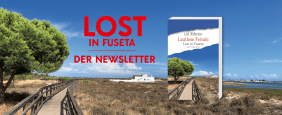 Portugisiesche Landschaft im Hintergrund mit dem Buch "Lautlose Feinde" von Gil Ribeiro und dem Slogan "Lost in Fuseta - Der Newsletter"