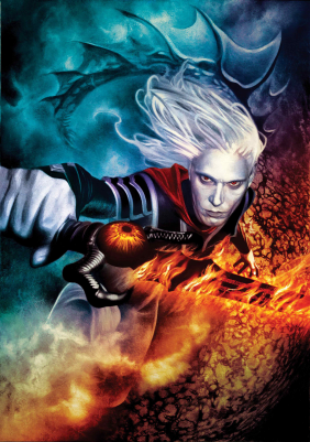 "Stealer of Souls", farbige Illustration des langhaarigen Albinos Elric mit schwarzem Schwert in der hand vor buntem Hintergrund