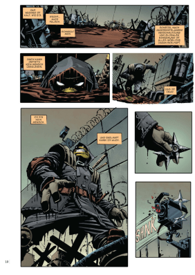 Splitter Comics TMNT - Last_Ronin, Seite 04, einer der Turtles schleicht sich in Ninja-Montur und mit Ninja-Stern an eine Gefängnismauer heran.