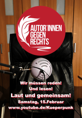 Plakat zur Lesung "Autor*innen gegen Rechts". was oben in weißer Schrift in rotem Kreis steht. Darunter ein schwarzer Bürostuhl aus Leder und ein silbrig-graues Mikrofon.