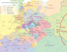 Historische Karte von Mitteldeutschland im Jahr 1241 mit den politischen Territorien wie der Mark Brandenburg, dem Herzogtum Sachsen und der Landgrafschaft Thüringen. Im Osten ist der Vormarsch der Mongolen zur Schlacht bei Liegnitz dargestellt.