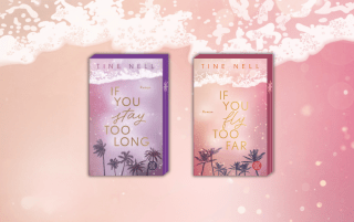 Hintergrund: Rosafarbener Strand mit Wellen. Vordergrund: Die Cover von "If you stay too long" und "If you fly too far"