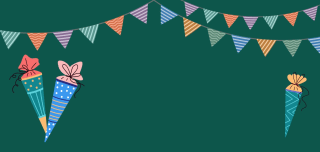 Das Bild zeigt illustrierte Wimpelketten und 3 Schultüten auf dunkelgrünem Hintergrund