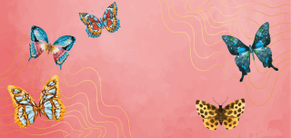 Rosaroter Hintergrund mit goldenen Wellen und vielen bunten Schmetterlingen verteilt