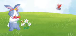 Wiese im Vordergrund mit illustrierten Hasen, der Blumen in der Hand hält, ein kleiner Marienkäfer fliegt durch die Luft