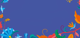 Blauer Hintergrund mit bunten Blumen am Rand