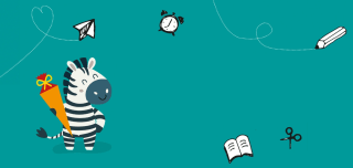 Türkisfarbener Hintergrund mit Illustrationen und Icons zum Schulanfang, z.B. links ein Zebra mit Schultüte im Arm