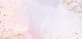 Ein dekorativer, horizontaler Hintergrund im Aquarell-Stil mit sanften Farbverläufen in Rosa, Hellviolett und Weiß. Auf der linken Seite sind feine, goldene Linienzeichnungen von Blättern und Zweigen zu sehen. Über die gesamte Fläche, besonders verdichtet auf der rechten Seite, verteilen sich feine goldene Sprenkel und Punkte, die dem Bild einen eleganten Glanz verleihen.