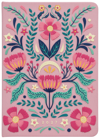 Taschenkalender A5 2027: Blütenmotiv, bestickt, rosa