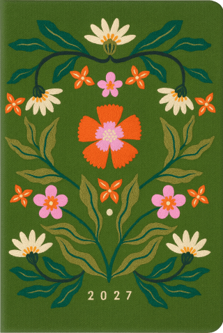 Taschenkalender A6 2027: Blütenmotiv, bestickt, grün