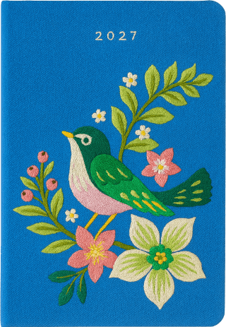 Taschenkalender A6 2027: Vogel und Blüten, bestickt, blau