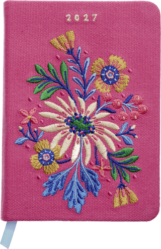 Produktbild von Taschenkalender A6 2027: Blütenmotiv, bestickt, pink