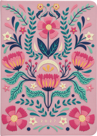 Taschenkalender A5 2027: Blütenmotiv, bestickt, rosa