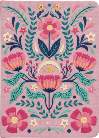 Taschenkalender A5 2027: Blütenmotiv, bestickt, rosa