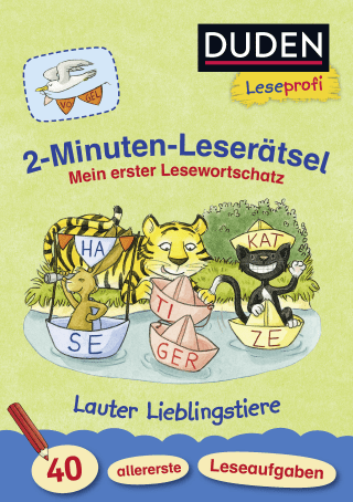 Buchcover von Duden Leseprofi – 2-Minuten-Leserätsel: Mein erster Lesewortschatz. Lauter Lieblingstiere: 40 allererste Leseaufgaben