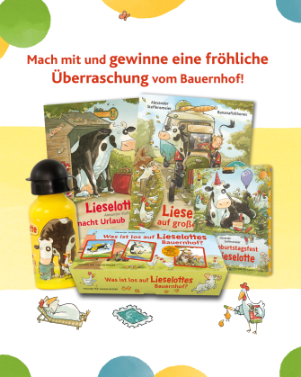 Eine Sammlung von Lieselotte-Produkten, darunter Kinderbücher, ein Spiel und eine Trinkflasche, unter dem Schriftzug "Mach mit und gewinne eine fröhliche Überraschung vom Bauernhof!".