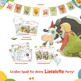 Großer Spaß für deine Lieselotte-Party! Girlande, Partyhüte, Einladungskarten, Tischsets und Namenschilder zum Jubiläum von Lieselotte