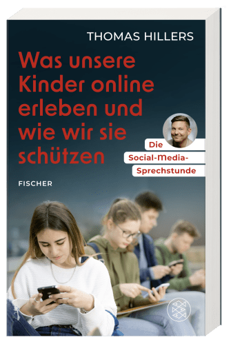 Buchcover des Ratgeber "Cover Social Media Sprechstunde". Auf dem Cover zu sehen sind Kinder mit Smartphone auf grauem Hintergrund