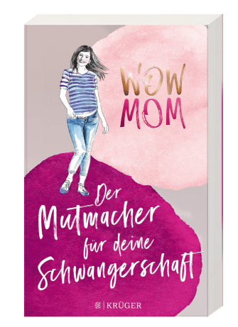 Buchcover des Ratgebers "WOW MOM: Der Mutmacher für deine Schwangerschaft" auf grünem Hintergrund. Eine gezeichnete, modische Schwangere mit gestreiftem Shirt und Jeans.