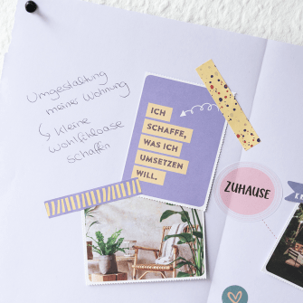 Detailansicht eines Visionboards gestaltet mit Wünsche verwirklichen, Träume leben von Pierre Franckh