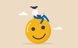 Illustration Frau sitzt auf lachendem Smiley