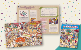 Das Bild zeigt eine Collage aus dem Cover vom Wimmelbuch "Die 80er Jahre - Das große Wimmelbuch von Walkman bis Wimbledon" und zwei Innenseiten. Im Hintergrund sind farbige Kreise zu sehen