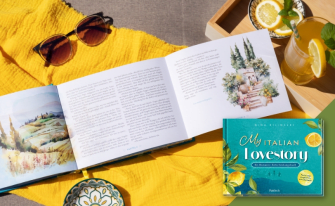 Das Bild zeigt eine Innenseite aus dem Buch "My Italian Lovestory" in einem sommerlichen Setting. Rechts unten ist das Cover des Buches zu sehen.