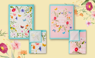 Abbildungen frühlingshafte Geschirrtücher auf einem gelben Hintergrund mit illustrierten Blumen