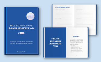 Das Buch von Elma van Vliet bietet Challenges und Abenteuer ohne WLAN. Aufgeschlagene Seiten zeigen Pläne für einen „Yes Day“ und Gesprächsimpulse.