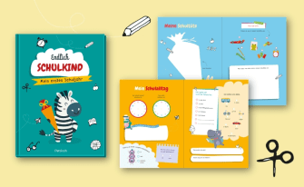Produktpräsentation des Erinnerungsbuches „Endlich Schulkind – Mein erstes Schuljahr“. Das grüne Cover zeigt ein lächelndes Zebra mit einer Schultüte. Rechts daneben sind geöffnete Innenseiten abgebildet, auf denen Kinder Details zu ihrer Schultüte und ihrem Schulalltag (wie Schulweg und Uhrzeiten) eintragen und ankreuzen können.