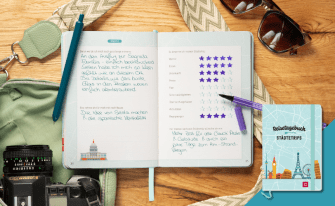 Ein Flatlay-Szene auf einem Holztisch mit Reise-Accessoires und Journalen. Ein offenes Notizbuch zeigt auf der linken Seite detaillierte handschriftliche Reiseeinträge und auf der rechten Seite ein Sterne-Rating-Formular ("Wetter", "Essen", "Unterkunft" etc.) mit lilafarbenen Stiftmarkierungen. Um das Notizbuch herum liegen persönliche Gegenstände wie eine analoge Canon-Filmkamera, eine Sonnenbrille und ein grüner Rucksack mit gemusterten Trägern. Unten rechts liegt ein geschlossenes Hardcover-Journal mit d