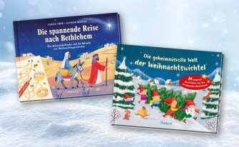 Zwei illustrierte Kinder-Adventskalenderbücher über die Reise nach Bethlehem und Weihnachtswichtel im Schnee.