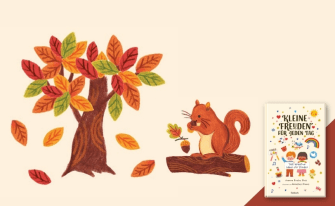 Herbstliche Illustration mit buntem Baum, Eichhörnchen auf Baumstamm und Buch 'Kleine Freuden für jeden Tag'.