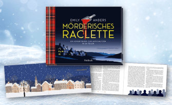 Adventskrimi-Buch 'Mörderisches Raclette' mit aufgeschlagenen Innenseiten vor verschneitem Hintergrund.